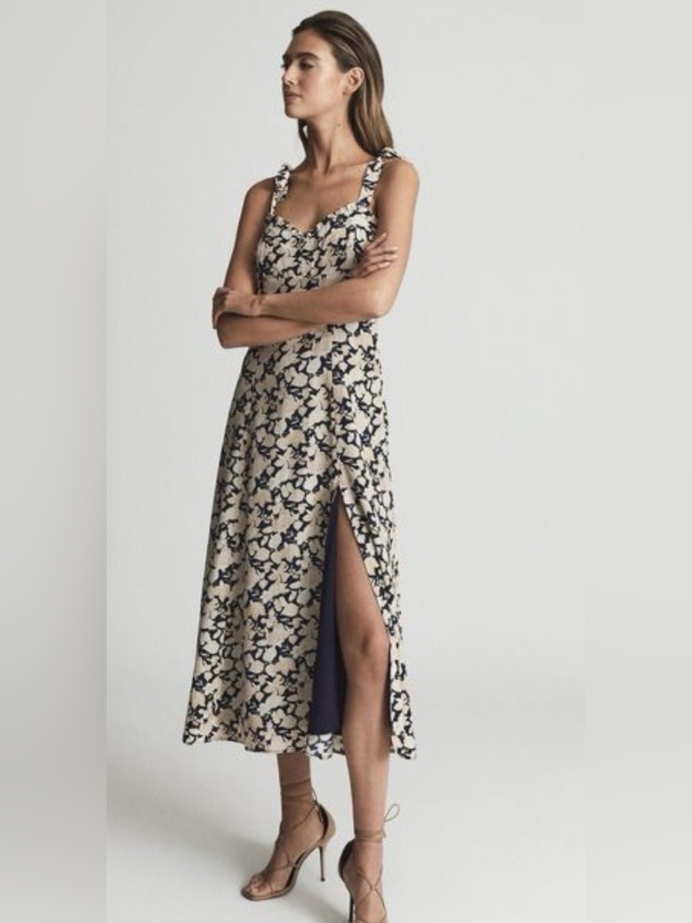 Reiss Floral Cream and Navy Midi Dress with Side Slit